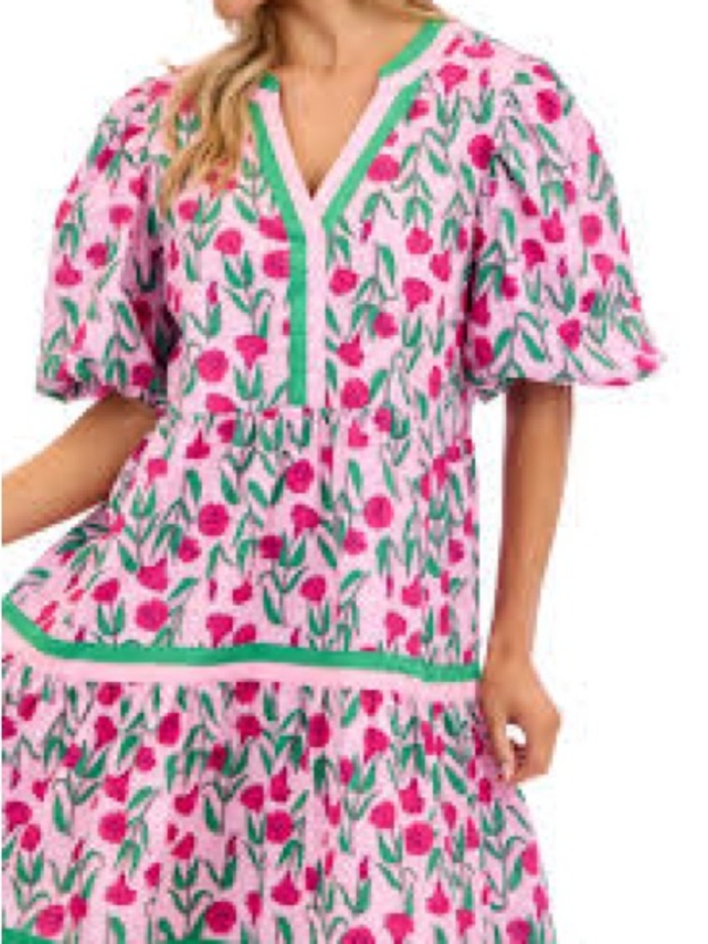 Mud Pie Pink Floral Tiered Dress with Green Trim - Picture 5 of 7